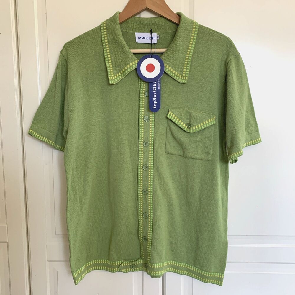 OxKnit Store Sweater Knit Shirt  Green 70s Retro Button Down Short Sleeve Mens M - Picture 2 of 8